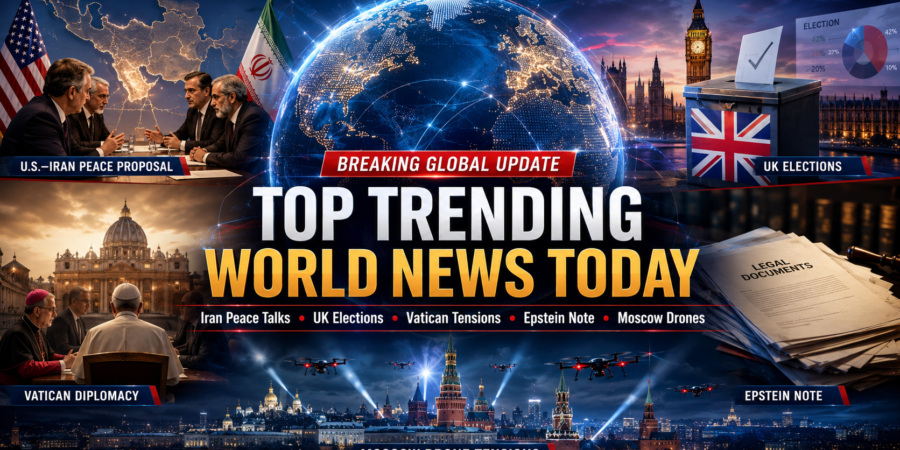 Top trending world news today covering Iran peace talks, UK elections, Vatican tensions, Epstein note and Moscow drone crisis