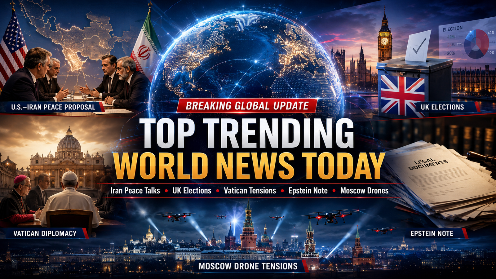 Top trending world news today covering Iran peace talks, UK elections, Vatican tensions, Epstein note and Moscow drone crisis